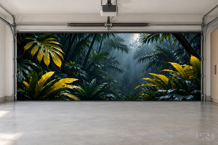 Midnight Tropic Glow interior garage door cover — two-car front view