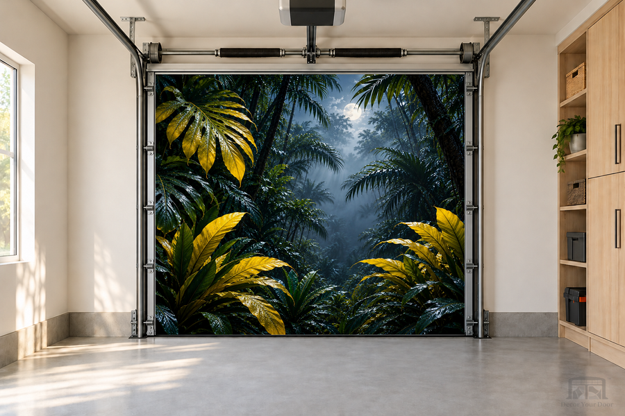 Midnight Tropic Glow interior garage door cover — one-car front view
