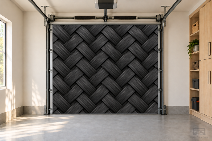 Midnight Woven Luxe interior garage door cover — one-car front view