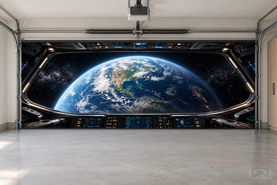 Mission Control View – Space interior garage door cover — two-car front view