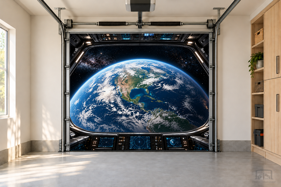 Mission Control View – Space interior garage door cover — one-car front view