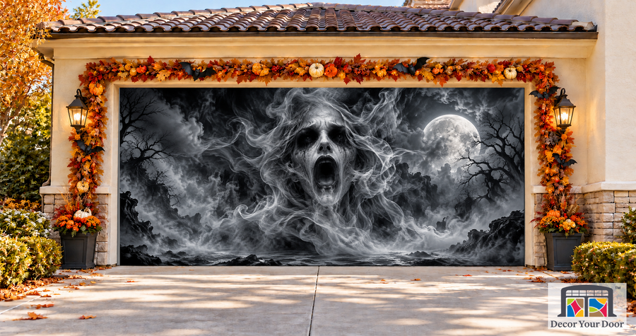 Mist Scream Halloween garage door cover – Two Car front view