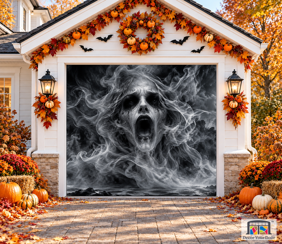 Mist Scream Halloween garage door cover – One Car front view