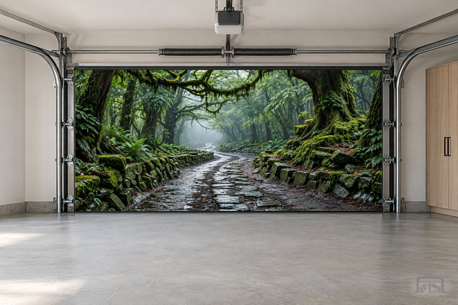 Misty Forest Path interior garage door cover — two-car front view