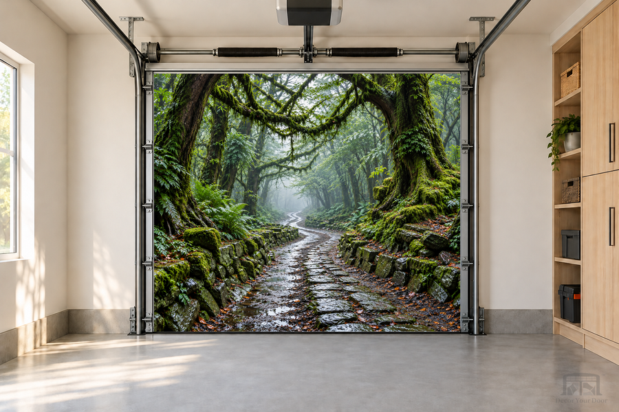 Misty Forest Path interior garage door cover — one-car front view