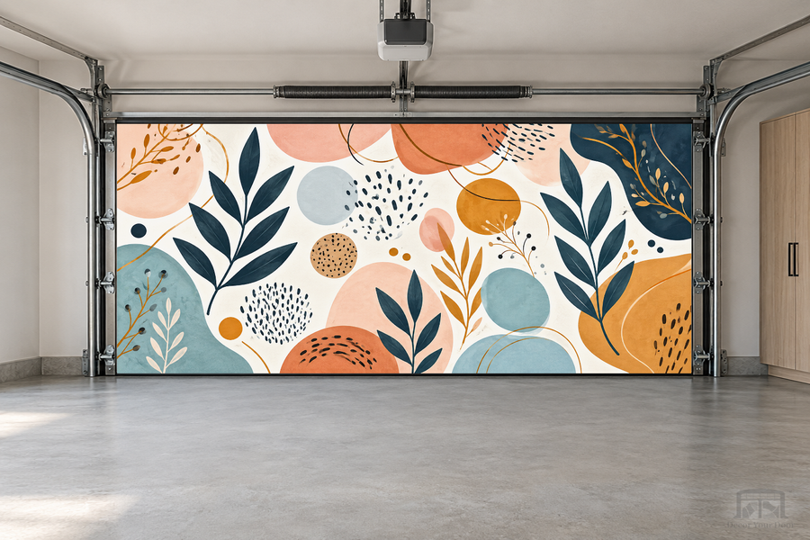 Modern Boho Botanical interior garage door cover — two-car front view