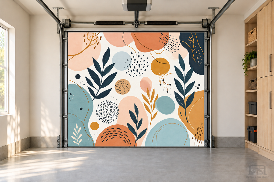 Modern Boho Botanical interior garage door cover — one-car front view