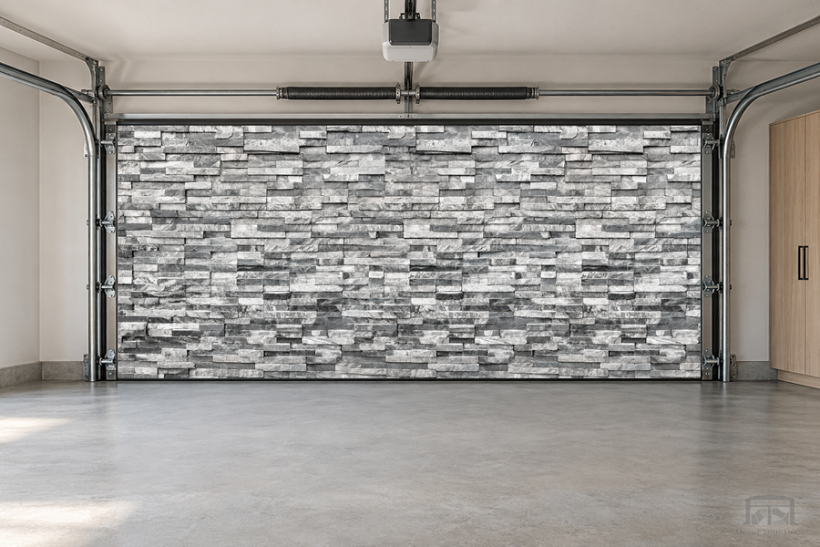 Modern Gray Stone Wall interior garage door cover — two-car front view