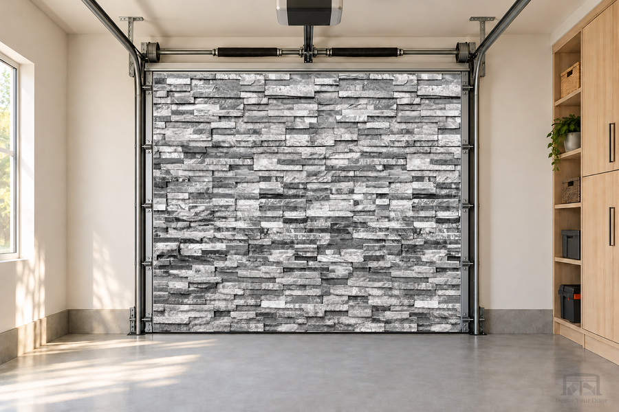 Modern Gray Stone Wall interior garage door cover — one-car front view