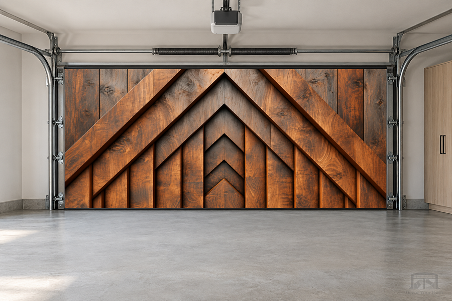 Modern Timber Geometry interior garage door cover — two-car front view