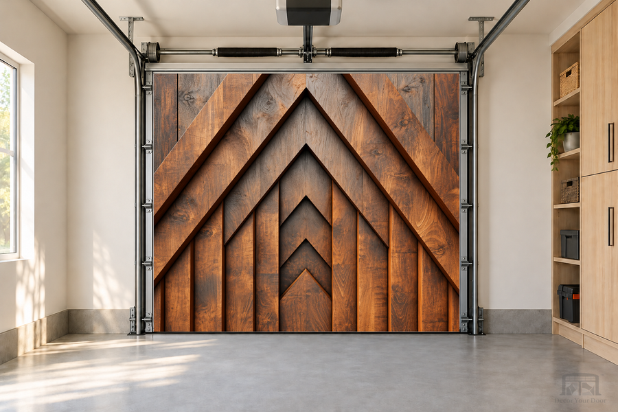 Modern Timber Geometry interior garage door cover — one-car front view