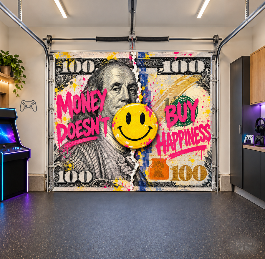 Money Doesn’t Buy Happiness interior garage door cover — one car front