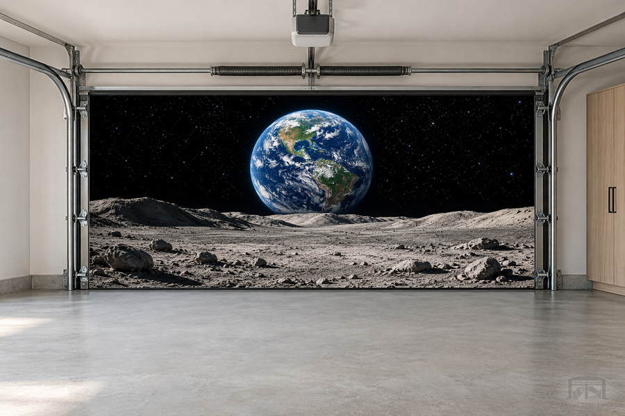 Moon Escape – Earth View interior garage door cover — two-car front view