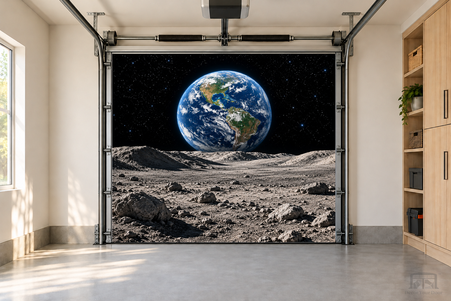 Moon Escape – Earth View interior garage door cover — one-car front view