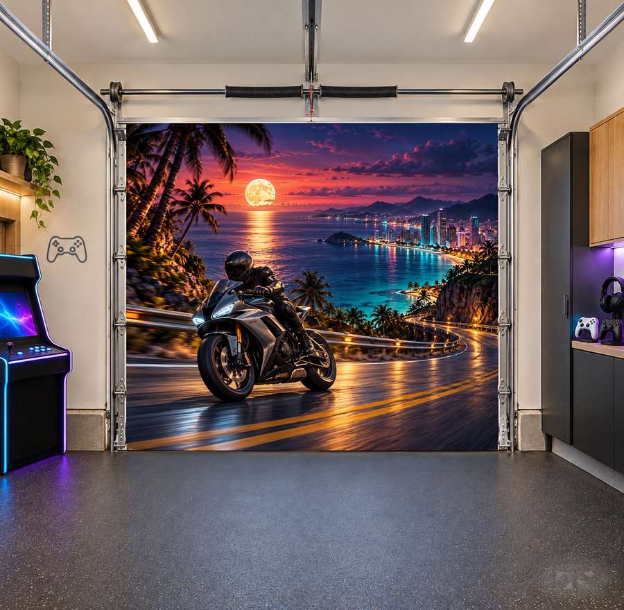 Moonlit Coastal Run interior garage door cover — one car front