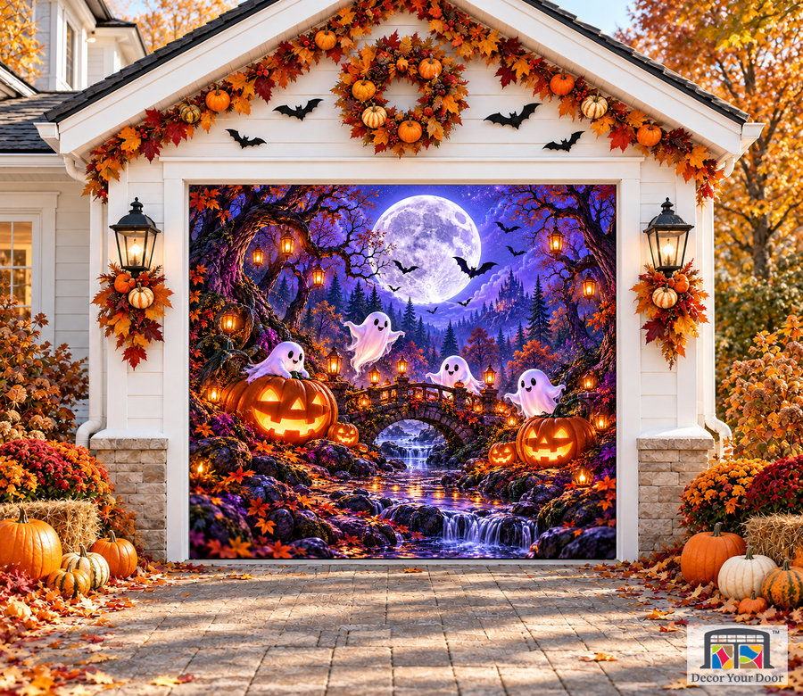 Moonlit Ghost Grove Halloween garage door cover – One Car front view