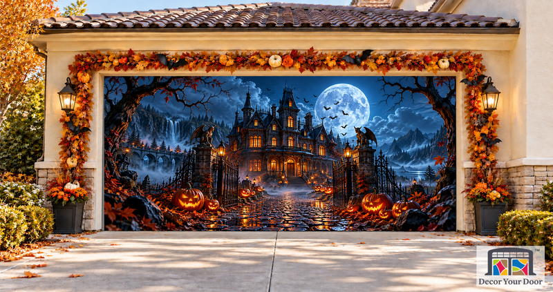 Moonlit Haunted Estate Halloween garage door cover – Two Car front view