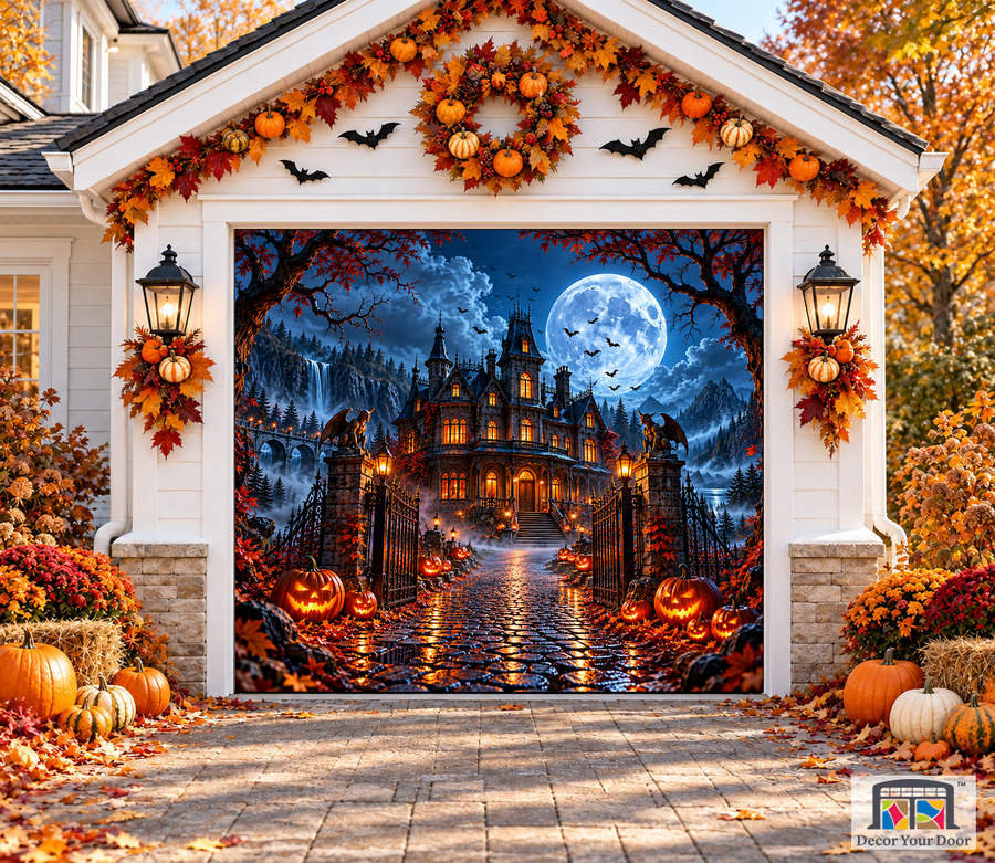 Moonlit Haunted Estate Halloween garage door cover – One Car front view