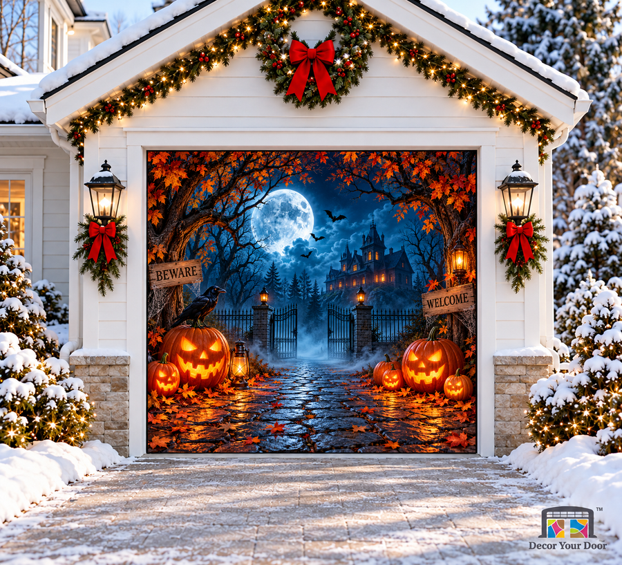 Moonlit Haunted Mansion Halloween Garage Door Cover — one-car front view