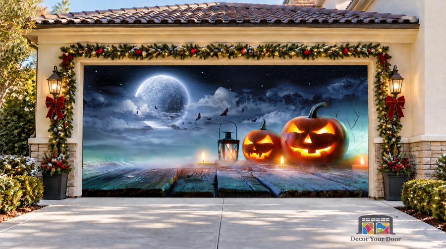 Moonlit Pumpkin Lanterns Halloween Garage Door Cover — two-car front view