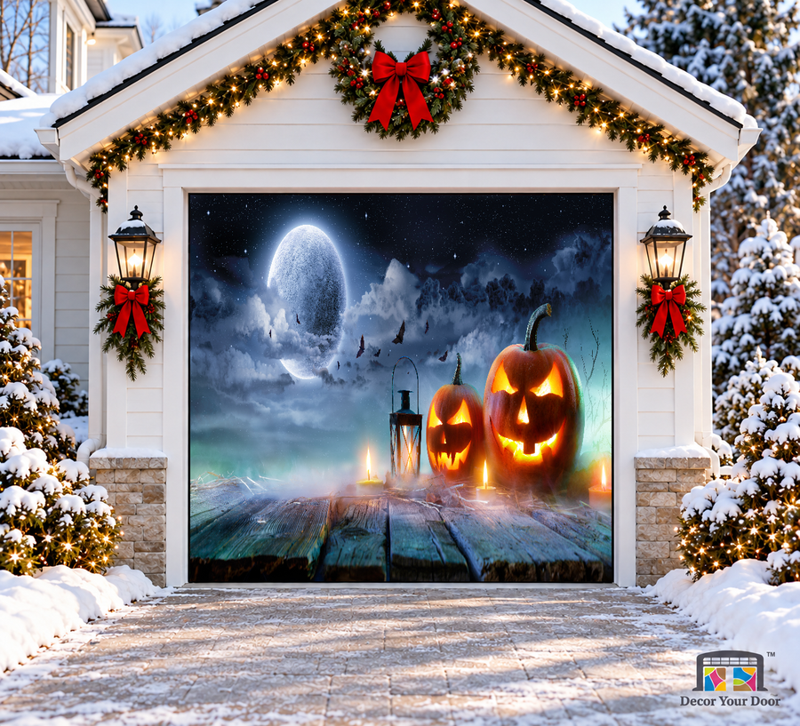Moonlit Pumpkin Lanterns Halloween Garage Door Cover — one-car front view