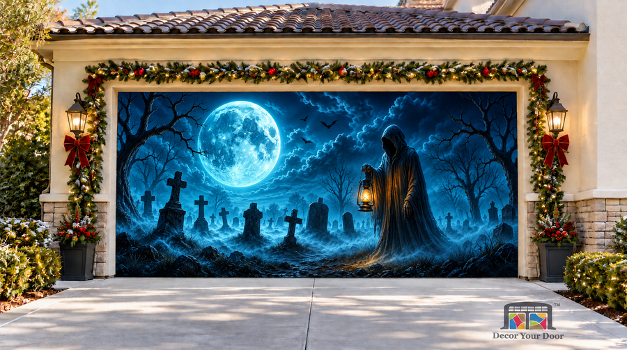 Moonlit Reaper Halloween Garage Door Cover — two-car front view
