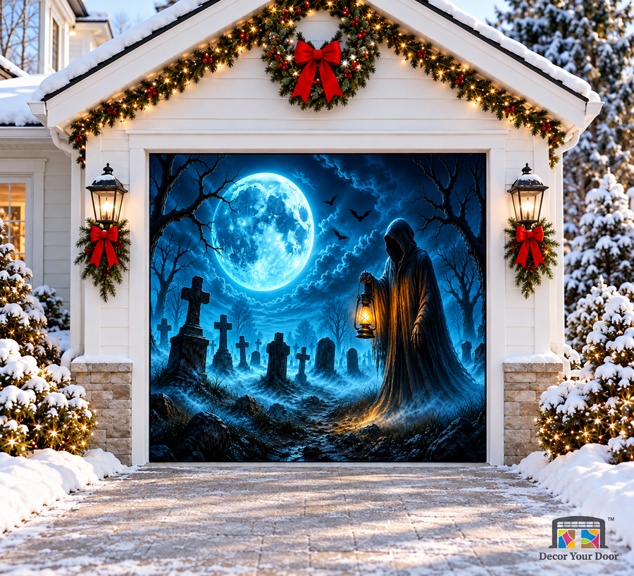Moonlit Reaper Halloween Garage Door Cover — one-car front view