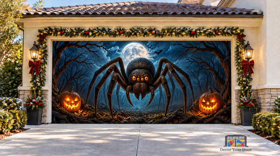 Moonlit Terror Giant Spider Halloween Garage Door Cover — two-car front view