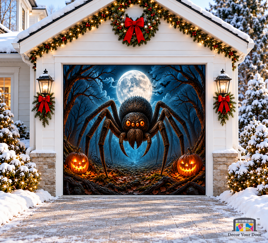 Moonlit Terror Giant Spider Halloween Garage Door Cover — one-car front view
