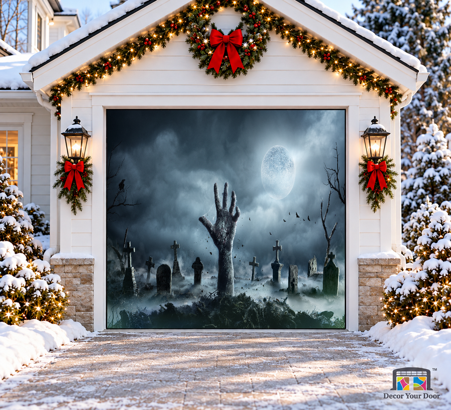 Moonlit Zombie Hand Halloween Garage Door Cover — one-car front view