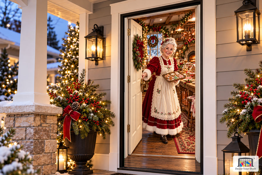 Mrs. Claus Christmas Bakery Front Door Cover on the approved Christmas porch, angled view with complete illustrated door.