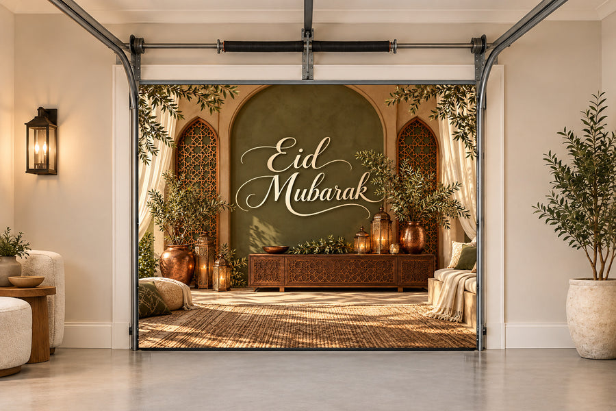 Olive Copper Gathering Eid al-Adha interior garage door cover, One car front view