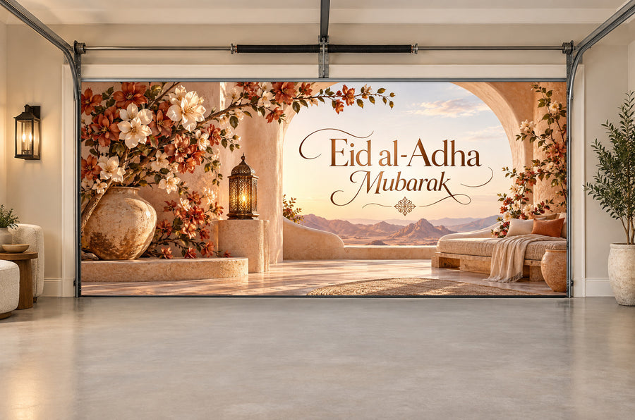 Desert Rose Welcome Eid al-Adha interior garage door cover, Two car front view
