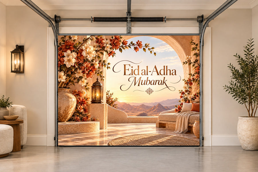 Desert Rose Welcome Eid al-Adha interior garage door cover, One car front view