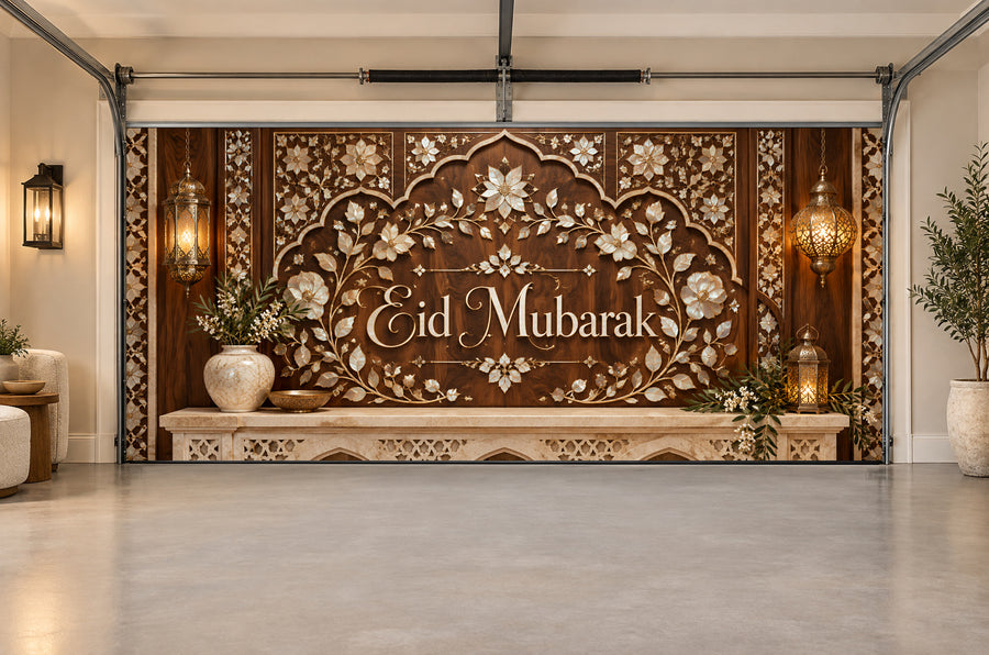 Walnut Mother of Pearl Eid al-Adha interior garage door cover, Two car front view