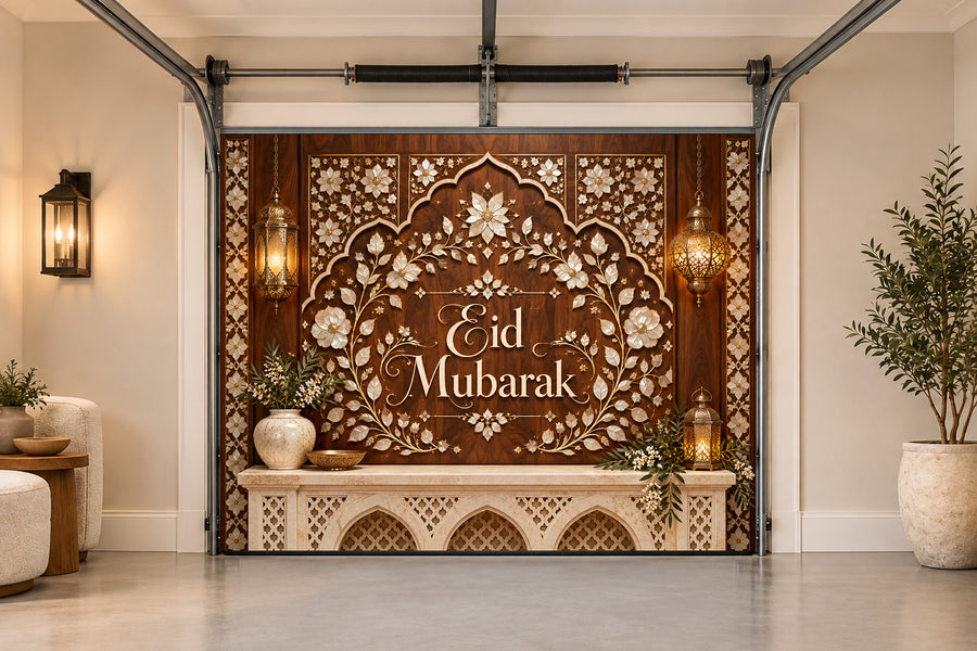 Walnut Mother of Pearl Eid al-Adha interior garage door cover, One car front view