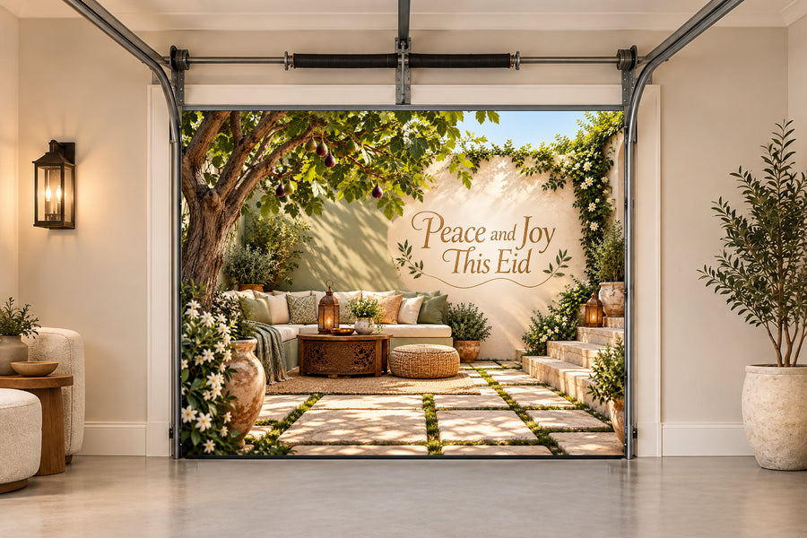 Sage Courtyard Morning Eid al-Adha interior garage door cover, One car front view