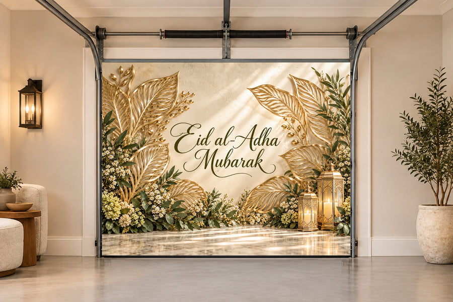 Champagne Botanical Screen Eid al-Adha interior garage door cover, One car front view