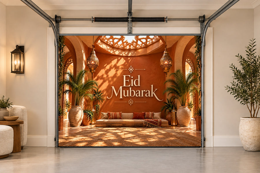 Terracotta Star Atrium Eid al-Adha interior garage door cover, One car front view