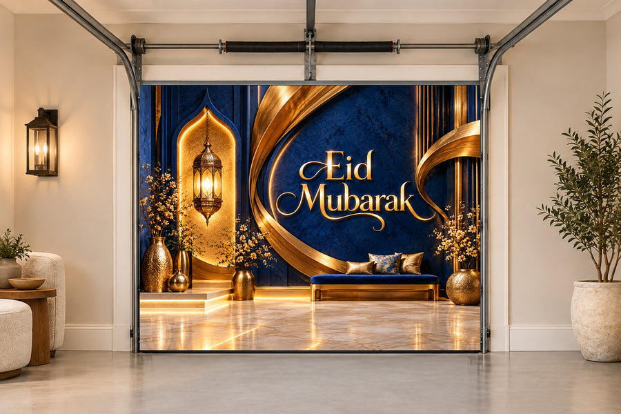 Lapis Brass Welcome Eid al-Adha interior garage door cover, One car front view