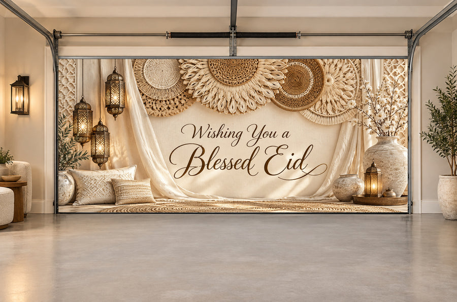 Ivory Woven Celebration Eid al-Adha interior garage door cover, Two car front view