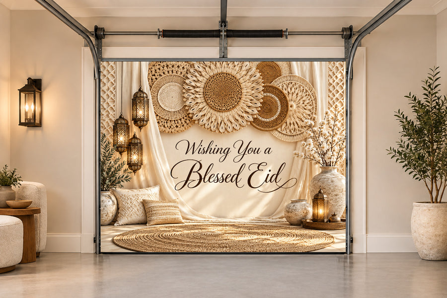 Ivory Woven Celebration Eid al-Adha interior garage door cover, One car front view