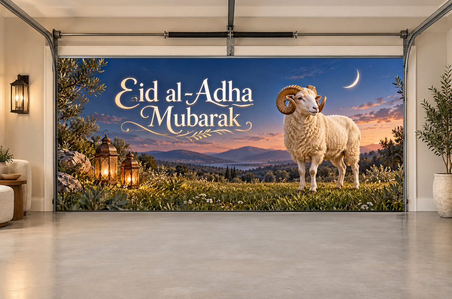 Moonlit Meadow Welcome Eid al-Adha interior garage door cover, Two car front view