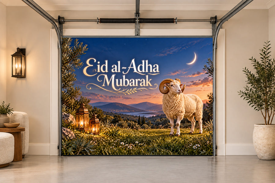 Moonlit Meadow Welcome Eid al-Adha interior garage door cover, One car front view