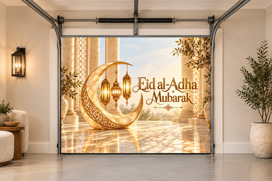 Champagne Lantern Colonnade Eid al-Adha interior garage door cover, One car front view