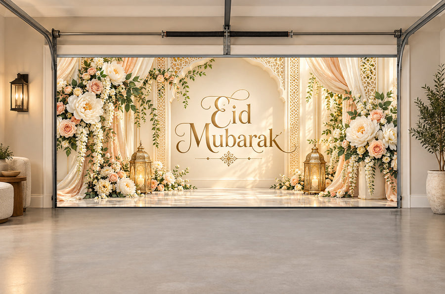Pearl Floral Welcome Eid al-Fitr interior garage door cover, Two car front view
