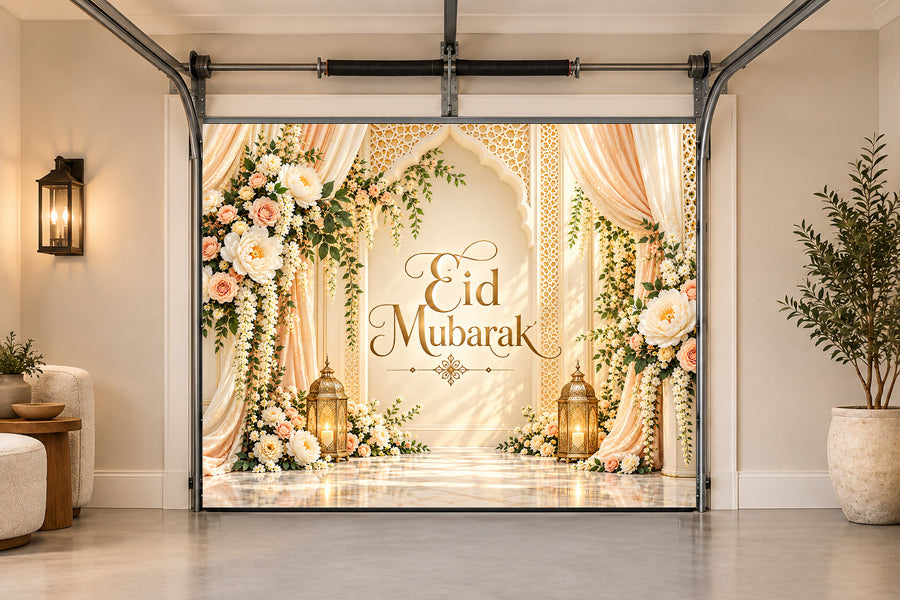 Pearl Floral Welcome Eid al-Fitr interior garage door cover, One car front view