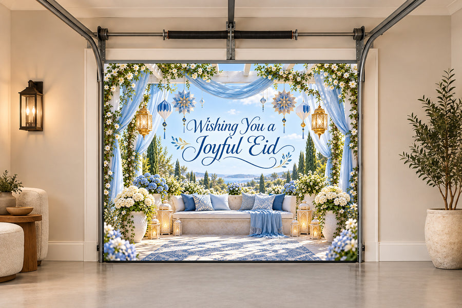 Azure Garden Celebration Eid al-Fitr interior garage door cover, One car front view