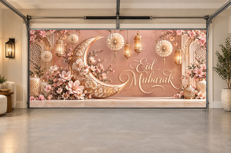 Rose Gold Crescent Bloom Eid al-Fitr interior garage door cover, Two car front view