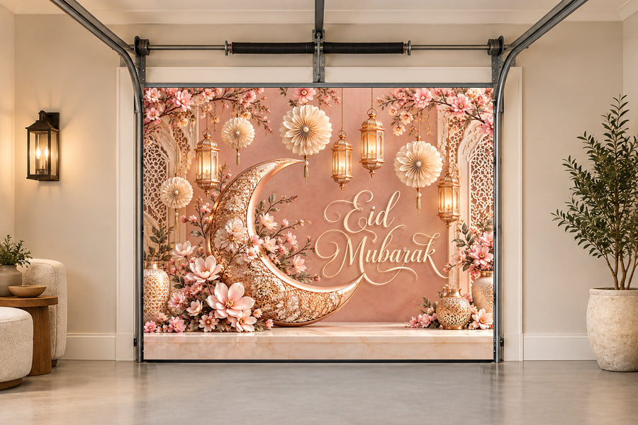 Rose Gold Crescent Bloom Eid al-Fitr interior garage door cover, One car front view